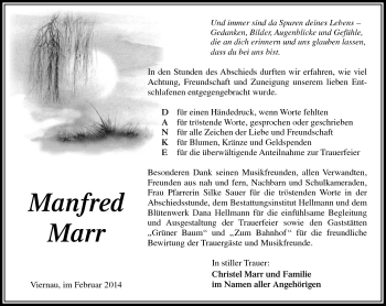 Traueranzeige von Manfred Marr von Südthüringer Presse