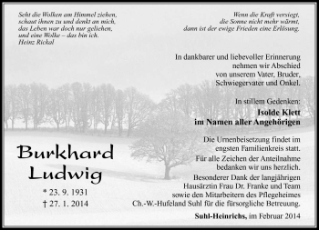 Traueranzeige von Burkhard Ludwig von Südthüringer Presse