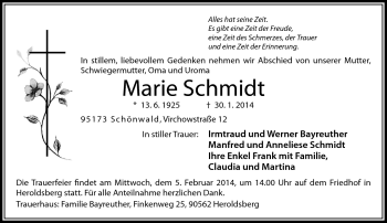 Traueranzeige von Marie Schmidt von Frankenpost