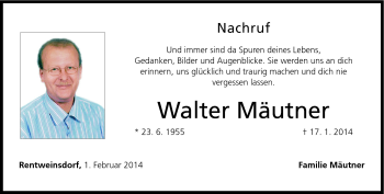 Traueranzeige von Walter Mäutner von Neue Presse Coburg