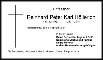 Traueranzeige von Reinhard Peter Karl Höllerich von Frankenpost