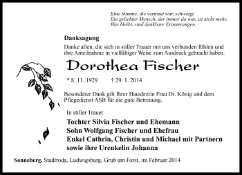 Traueranzeige von Dorothea Fischer von Südthüringer Presse