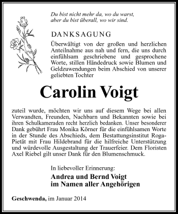 Traueranzeige von Carolin Voigt von Südthüringer Presse