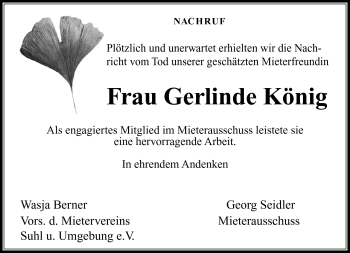 Traueranzeige von Gerlinde König von Südthüringer Presse