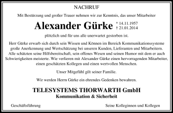 Traueranzeige von Alexander Gürke von Südthüringer Presse