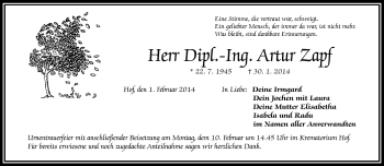 Traueranzeige von Artur Zapf von Frankenpost