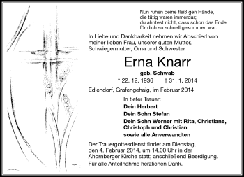 Traueranzeige von Erna Knarr von Frankenpost