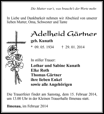 Traueranzeige von Adelheit Gärtner von Südthüringer Presse