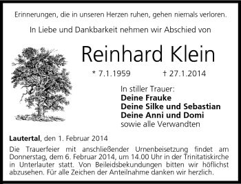 Traueranzeige von Reinhard Klein von Neue Presse Coburg