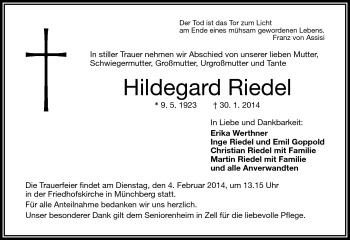 Traueranzeige von Hildegard Riedel von Frankenpost