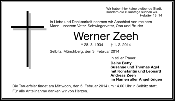 Traueranzeige von Werner Zeeh von Frankenpost