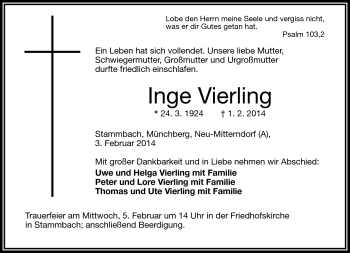 Traueranzeige von Inge Vierling von Frankenpost