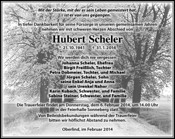 Traueranzeige von Hubert Scheler von Südthüringer Presse