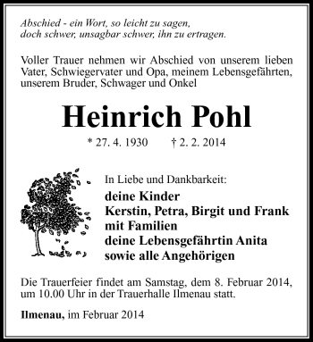 Traueranzeige von Heinrich Pohl von Südthüringer Presse