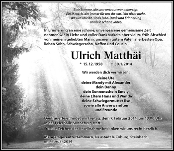 Traueranzeige von Ulrich Matthäi von Südthüringer Presse
