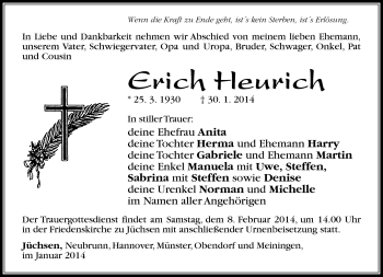 Traueranzeige von Erich Heurich von Südthüringer Presse