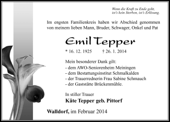 Traueranzeige von Emil Tepper von Südthüringer Presse