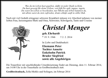 Traueranzeige von Christel Menger von Südthüringer Presse