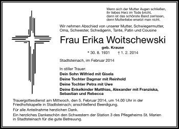 Traueranzeige von Erika Woitschewski von Frankenpost