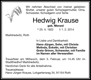 Traueranzeige von Hedwig Krause von Frankenpost
