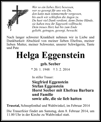 Traueranzeige von Helga Eggenstein von Südthüringer Presse