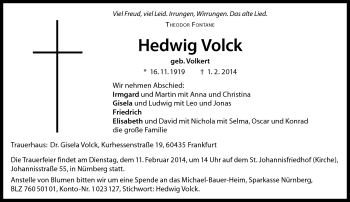 Traueranzeige von Hedwig Volck von Neue Presse Coburg