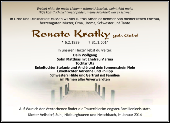 Traueranzeige von Renate Kratky von Südthüringer Presse