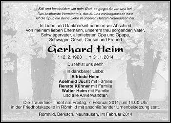Traueranzeige von Gerhard Heim von Südthüringer Presse