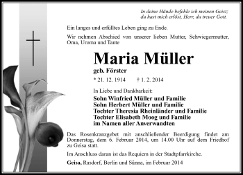Traueranzeige von Maria Müller von Südthüringer Presse
