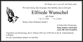 Traueranzeige von Elfriede Wunschel von Frankenpost