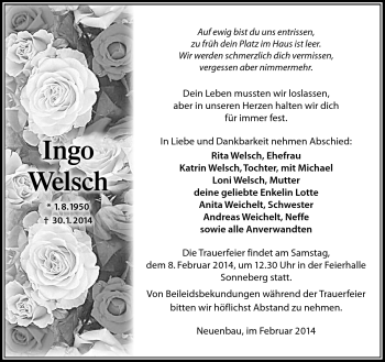 Traueranzeige von Ingo Welsch von Südthüringer Presse