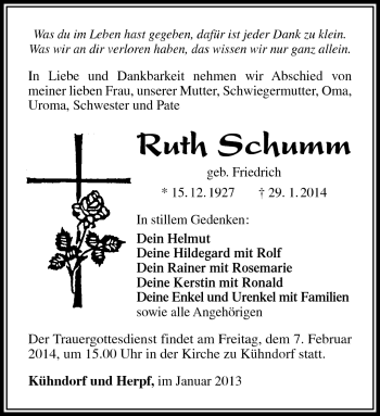 Traueranzeige von Ruth Schumm von Südthüringer Presse