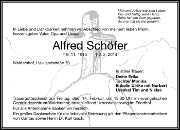 Traueranzeige von Alfred Schöfer von Frankenpost