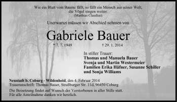 Traueranzeige von Gabriele Bauer von Neue Presse Coburg