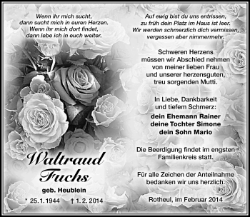Traueranzeige von Waltraud Fuchs von Südthüringer Presse
