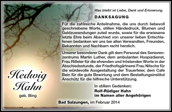 Traueranzeige von Hedwig Hahn von Südthüringer Presse