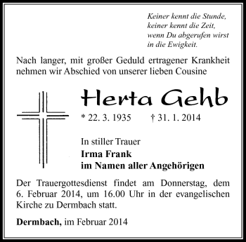 Traueranzeige von Herta Gehb von Südthüringer Presse