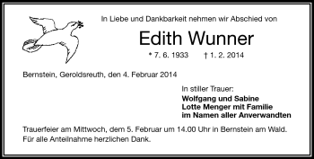 Traueranzeige von Edith Wunner von Frankenpost