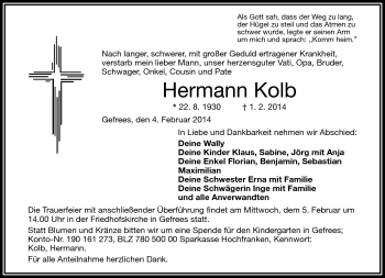 Traueranzeige von Hermann Kolb von Frankenpost