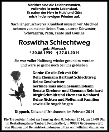 Traueranzeige von Roswitha Schlechtweg von Südthüringer Presse