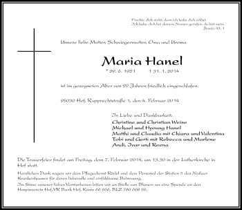 Traueranzeige von Maria Hanel von Frankenpost