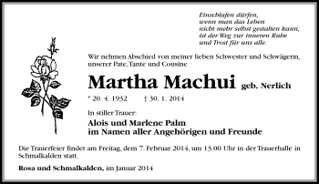 Traueranzeige von Martha Machui von Südthüringer Presse