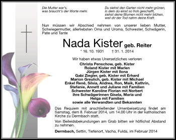 Traueranzeige von Nada Kister von Südthüringer Presse