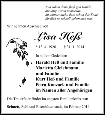Traueranzeige von Lisa Heß von Südthüringer Presse
