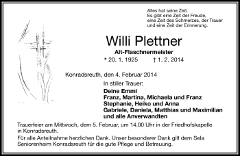 Traueranzeige von Willi Plettner von Frankenpost