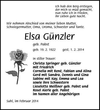 Traueranzeige von Elsa Günzler von Südthüringer Presse
