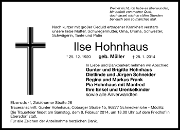 Traueranzeige von Ilse Hohnhaus von Neue Presse Coburg