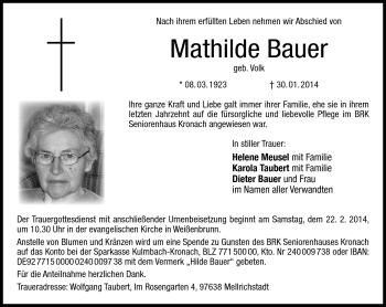 Traueranzeige von Mathilde Bauer von Neue Presse Coburg