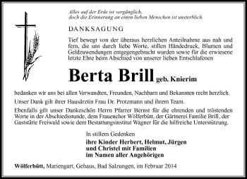 Traueranzeige von Berta Brill von Südthüringer Presse