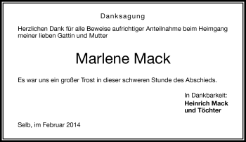 Traueranzeige von Marlene Mack von Frankenpost